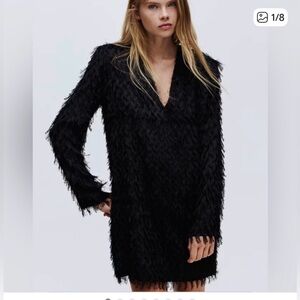 H&M Chic Black V-Neck Fringed Dress M